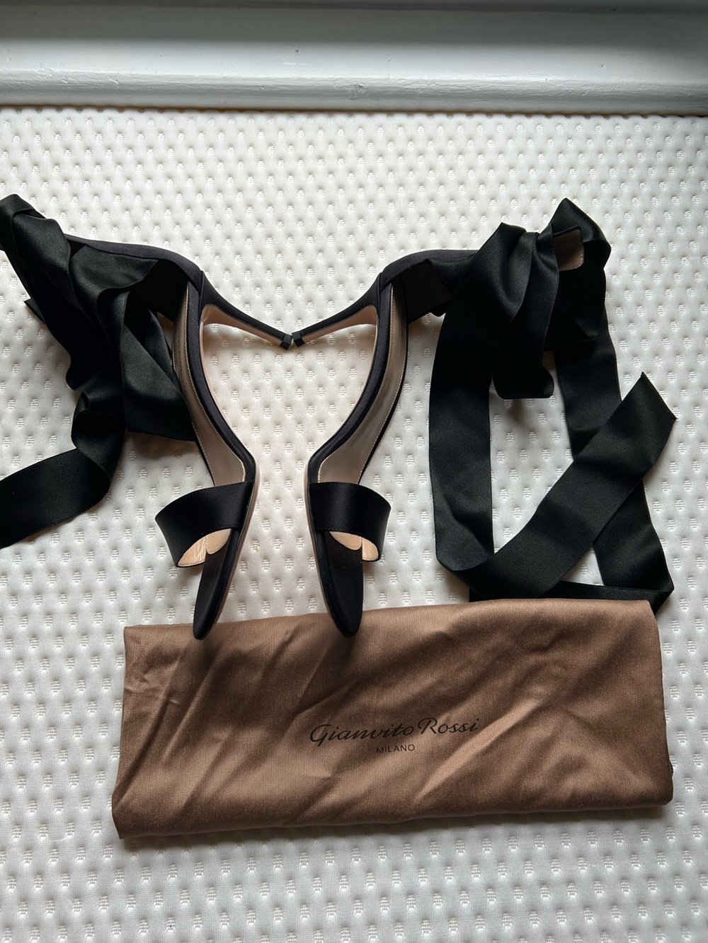Gianvito Rossi Gala Black Satin Ankle Wrap Stiletto Sandals Heels 38